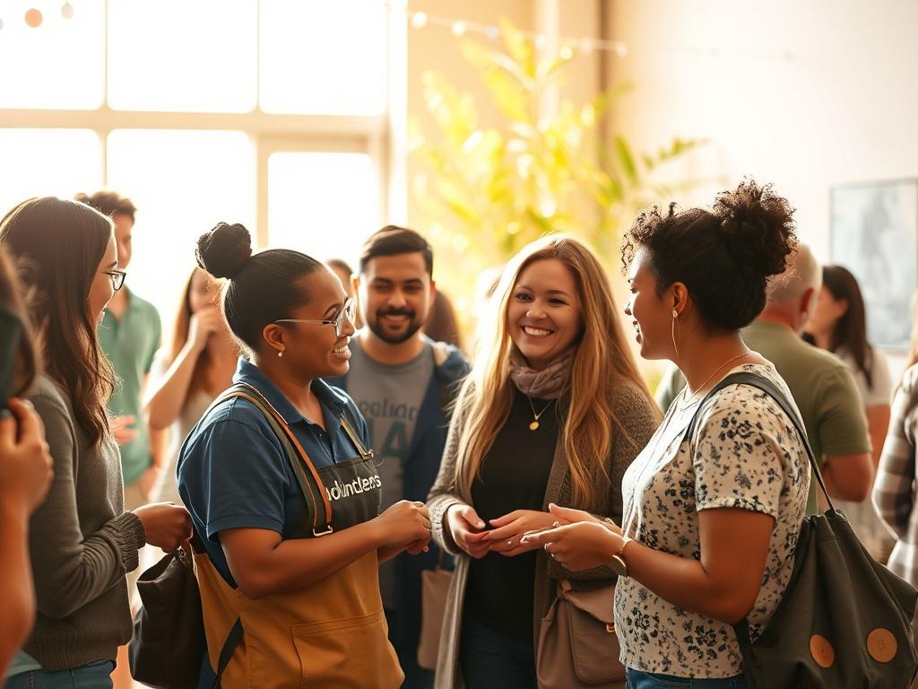 A diverse group of volunteers actively engaging with community members