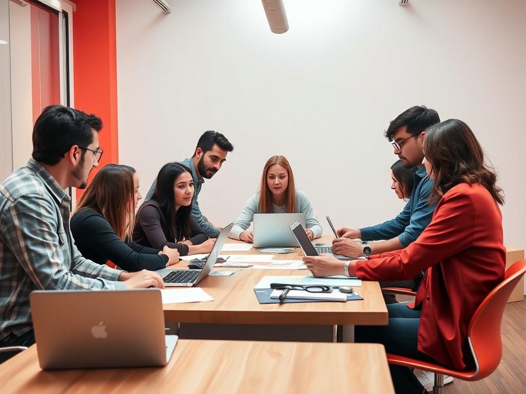 A realistic high-resolution photo of a diverse group of creative professionals collaborating in a modern workspace. The scene should depict individuals discussing ideas around a table with laptops and sketches, showcasing a vibrant and innovative atmosphere. The background should be minimalistic, with clean lines and bold colors, emphasizing the essential elements of teamwork and creativity, while harmonizing with the primary color rgb(50, 170, 39).