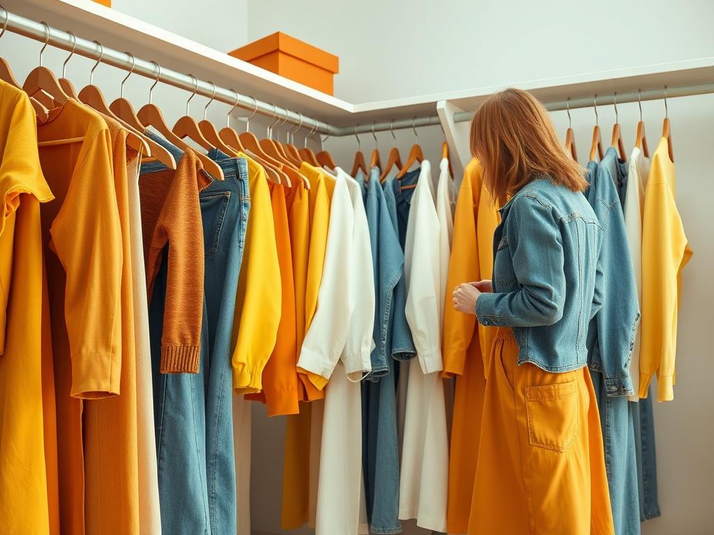 A stylist organizing a wardrobe filled with clothes in light fashion colors. The scene captures a vibrant array of outfits, including jeans and long coats, with a focus on light brown/yellow and blue/white combinations. The background is bright and organized.