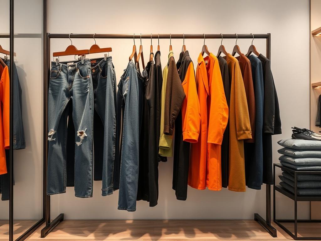 An inviting display of seasonal fashion collection in a boutique. Feature jeans and long coats hang stylishly, showcasing a range of colors like lime green/black and orange/brown. The setting is bright and organized, with an emphasis on the latest styles.