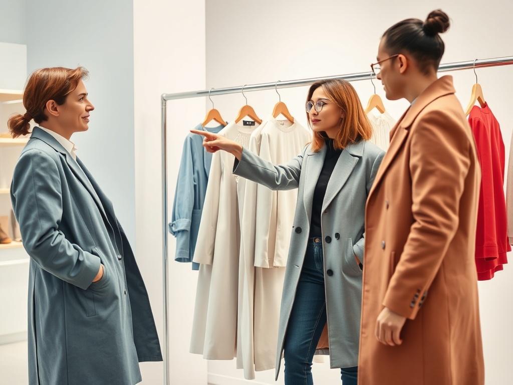 A stylish person receiving fashion advice in a bright, modern boutique. The consultant points at a rack of clothes featuring long coats and jeans in light fashion colors like blue/white and red/beige. The background is minimalistic with clean lines and vibrant colors.