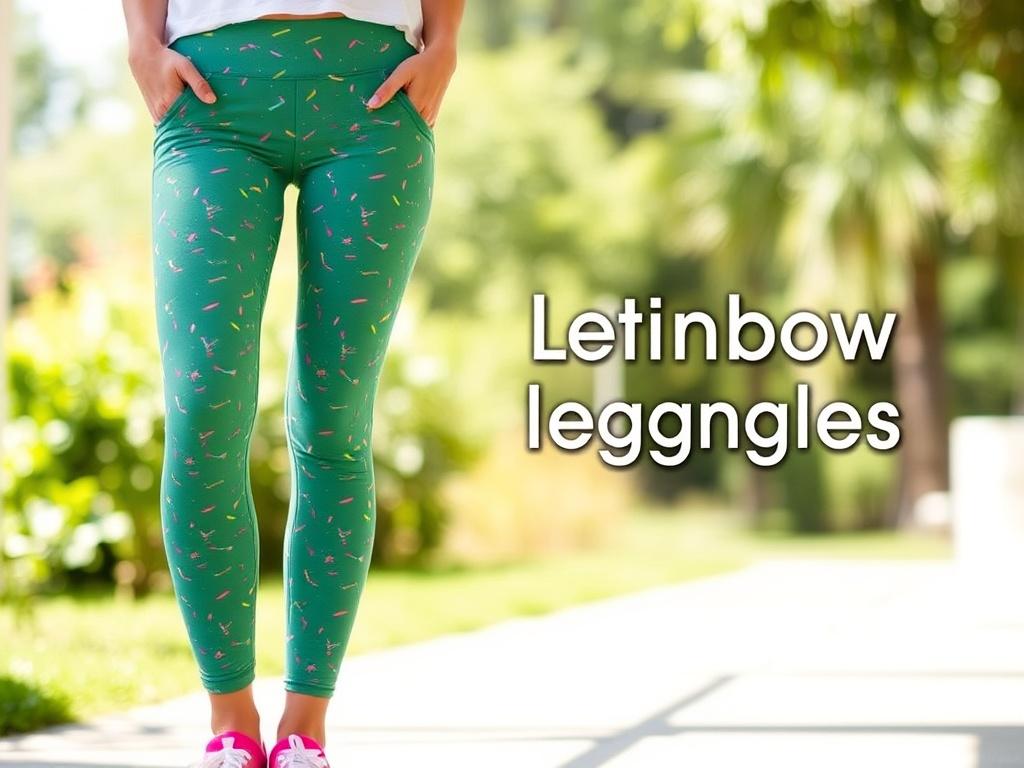 A realistic high-resolution photo of a woman wearing Rainbow Sprinkles leggings, standing outdoors in a bright, sunny environment. The background features greenery and natural light, accentuating the fun and colorful sprinkle design of the leggings. The focus is on the leggings, showcasing their lively appearance and comfortable fit.
