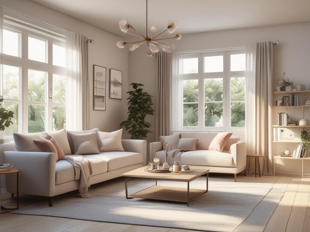 A beautifully designed living room featuring soft tones and gentle lighting. The room includes a cozy sofa adorned with plush cushions, a stylish coffee table, and elegant decor elements. Large windows allow natural light to flood the space, highlighting the peaceful atmosphere. The background showcases subtle wall art and indoor plants to enhance the calming vibe.