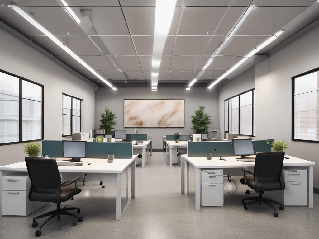 A modern office space featuring sleek furniture and contemporary design elements. The layout includes spacious workstations, a stylish conference area with a large table, and vibrant accents that reflect the brand colors. Soft lighting creates a professional yet inviting atmosphere, with artwork displayed on the walls to inspire creativity. The background features plants to bring a touch of nature indoors.