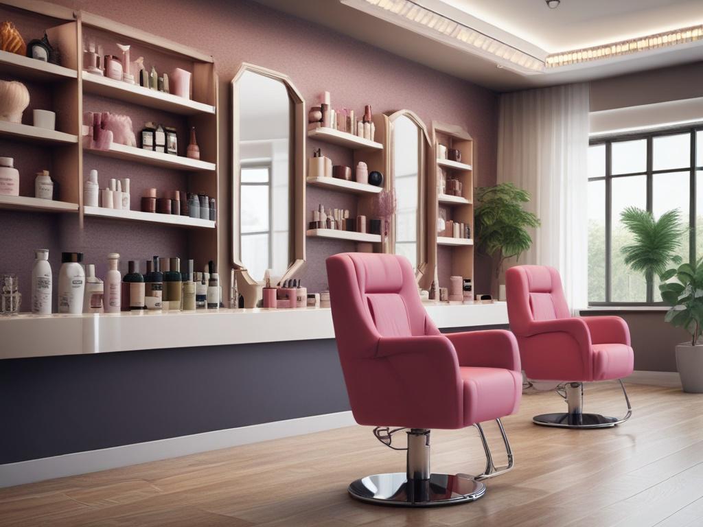 A stylish and elegant hair salon interior showcasing a variety of wigs and hair products. The composition features a well-organized display of colorful wigs on one side and an array of hair care products on the other. The background should have soft, gentle lighting that creates a warm and inviting atmosphere. The overall color palette should harmonize with the primary color #062767, enhancing the sense of tranquility and beauty within the space.