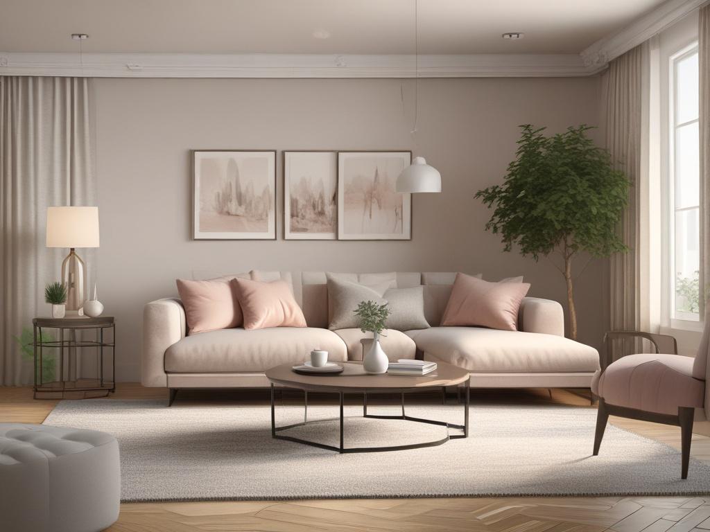 A beautifully designed living room showcasing a modern yet cozy aesthetic. The room features soft-toned walls, elegant furniture, and gentle lighting creating a warm atmosphere. A plush sofa is adorned with decorative pillows, complemented by a stylish coffee table and tasteful artwork on the walls. The scene radiates tranquility, inviting relaxation and conversation. The primary color theme incorporates soft blues and whites that harmonize with the gentle lighting, creating a serene environment.
