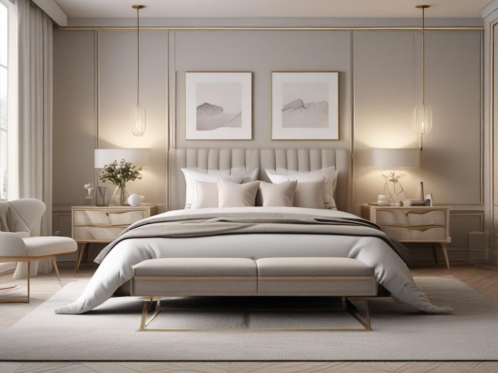 A serene bedroom showcasing a chic design with calming colors. The room features a stylish bed dressed in luxurious linens and soft pillows, accompanied by elegant bedside tables and soft lighting. A plush rug lies beneath, enhancing the cozy feel. The walls are painted in soft, soothing shades of blue, while artistic accents add a touch of sophistication. The overall ambiance is inviting, promoting relaxation and rest, making it an ideal retreat at the end of the day.