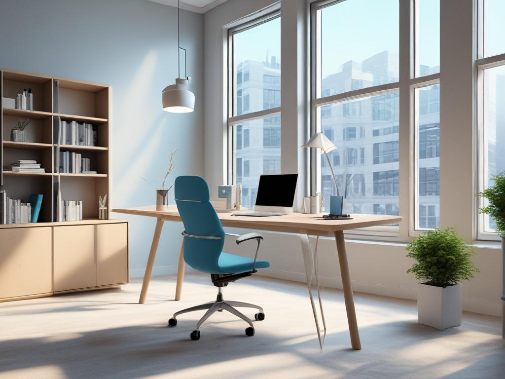A modern office space showcasing a stylish and functional design. The room features ergonomic furniture with a sleek desk and comfortable chair, enhanced by natural light streaming through large windows. The walls are painted in a soft blue tone, creating a calm working environment. Decorative plants add a touch of nature, while vibrant artwork inspires creativity. The layout promotes collaboration and efficiency, reflecting a perfect balance of professionalism and comfort in the workspace.