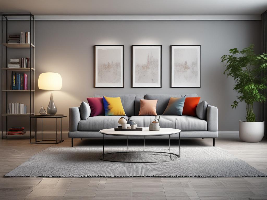 Create a realistic high-resolution photo of a stylish living room. The composition should feature a beautifully arranged sofa in soft gray tones, adorned with colorful cushions that harmonize with the primary color rgb(2, 86, 197). A sleek coffee table sits in front of the sofa, with a small indoor plant and a stack of art books. The background should include a tastefully decorated wall with subtle artwork and soft lighting that creates a peaceful atmosphere. Large windows allow natural light to flood the r
