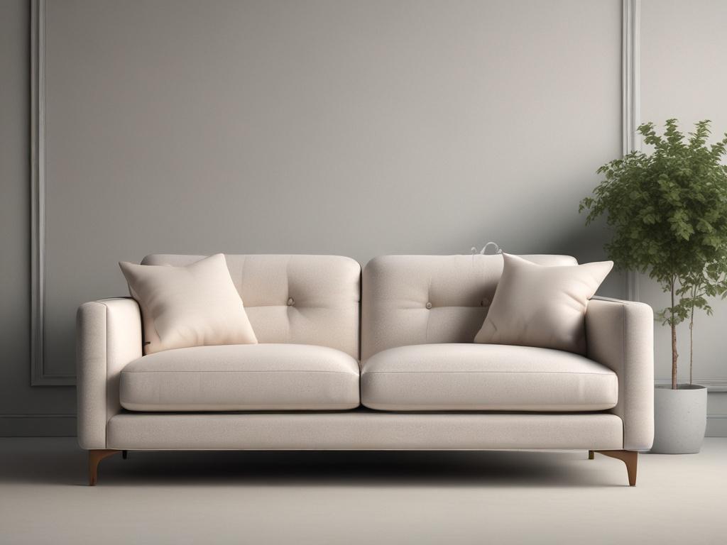 A realistic high-resolution image of an elegant sofa designed with soft tones and gentle lighting. The sofa is placed against a serene background, showcasing its plush cushions and sleek silhouette. The fabric is high-quality, reflecting light subtly, and the overall atmosphere is peaceful and inviting.