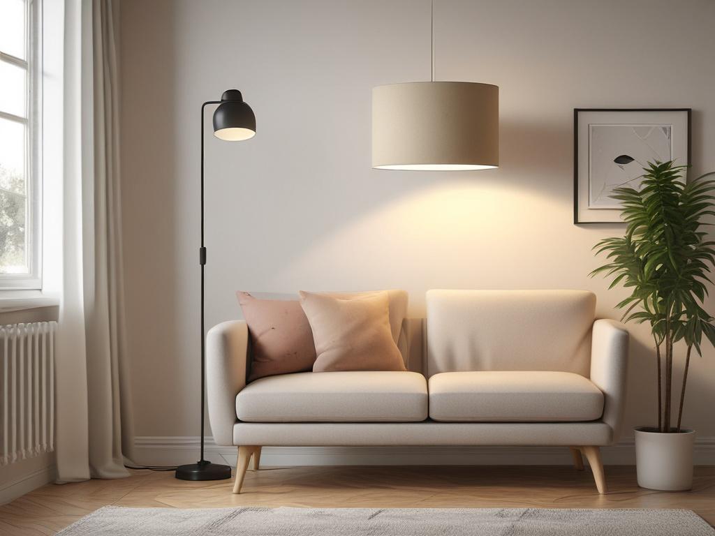 A realistic high-resolution image of a stylish floor lamp with a slender frame and soft fabric shade. The lamp is positioned in a cozy corner, casting gentle light across the room. The background features soft tones and a peaceful atmosphere, highlighting the lamp's modern elegance.