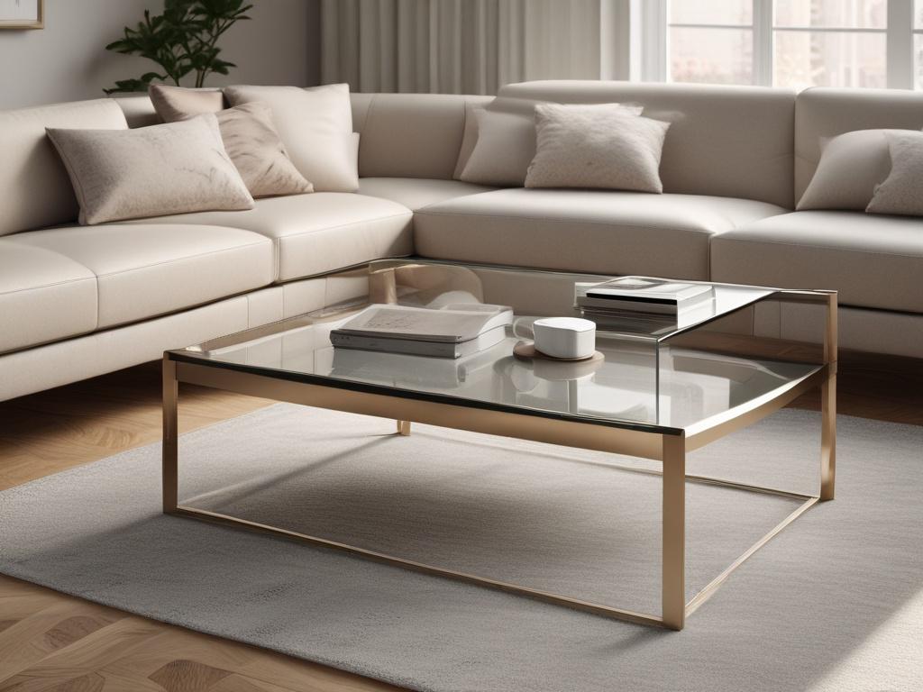 A realistic high-resolution image of a chic coffee table featuring a sleek glass top and minimalistic legs. The table is positioned in a well-decorated living space, surrounded by soft tones and gentle lighting. The background complements the table’s design, creating a harmonious and inviting atmosphere.