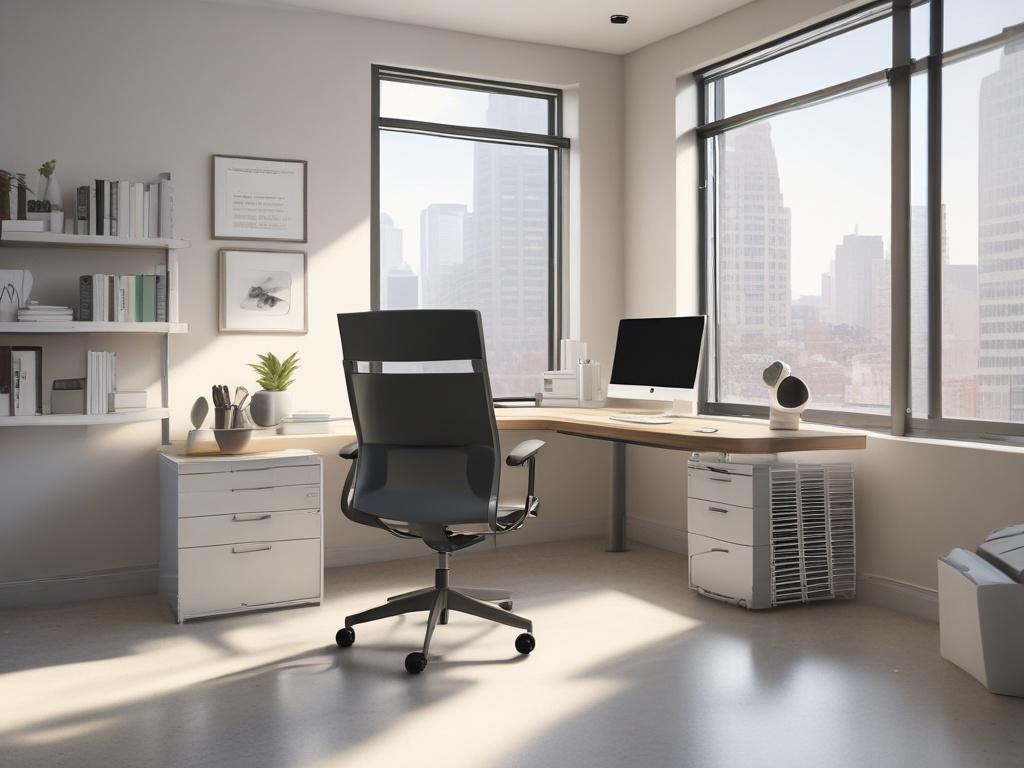 A modern office space featuring an ergonomic desk and stylish office chair, complemented by natural light streaming through large windows. The design incorporates soft tones with accents of #062767, creating a productive yet inviting atmosphere. The composition focuses on the desk area, with organized supplies and decor that reflect professionalism and creativity, while maintaining a clean and sleek look.