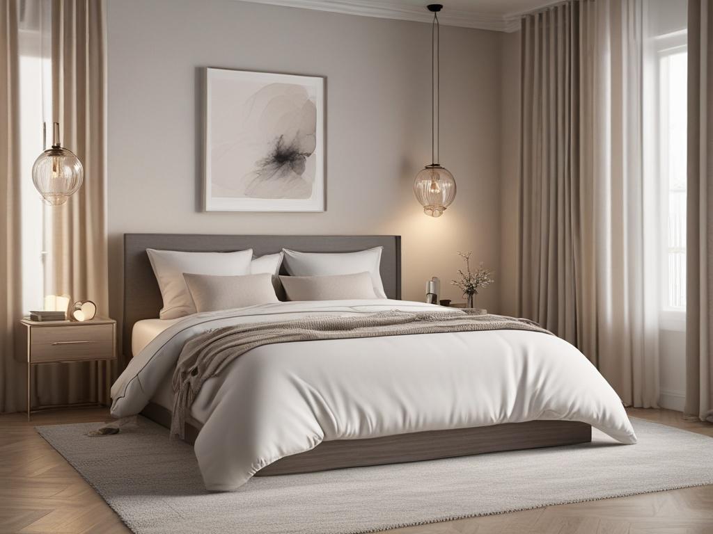 A tranquil bedroom featuring a luxurious bed with elegant bedding, soft curtains, and warm lighting. The color scheme incorporates soft tones with accents of #062767, creating a soothing atmosphere. The composition highlights the bed as the focal point, surrounded by tasteful decor elements that enhance the calming vibe. Natural light gently illuminates the room, adding to the serene quality of the space.