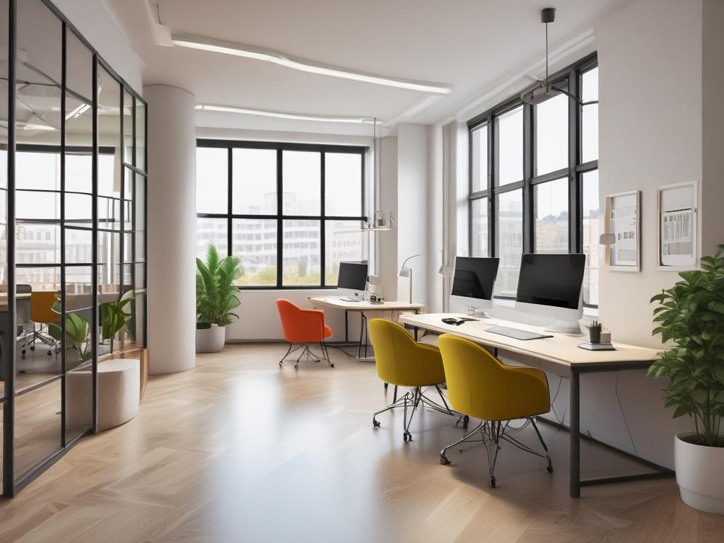 A vibrant and stylish office interior designed for a creative agency. An open workspace with colorful furniture encourages collaboration, while private areas with comfortable seating offer quiet zones. Large windows allow natural light to flood the space, enhancing productivity.