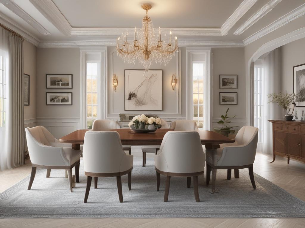 A beautifully renovated traditional home interior showcasing a blend of classic and modern design elements. A stylish dining area with contemporary furniture contrasts against classic architecture, highlighting the unique character of the space. Warm, inviting lighting adds to the overall charm.