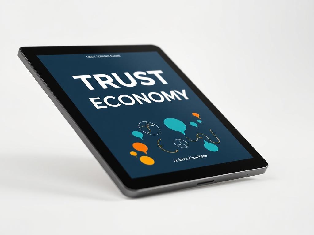 An elegant close-up of the cover of the Trust Economy E-Guide displayed on a tablet, set against a minimalist background. The design features engaging graphics that represent trust and collaboration. The primary color rgb(2, 86, 197) is prominently featured in the guide's branding.