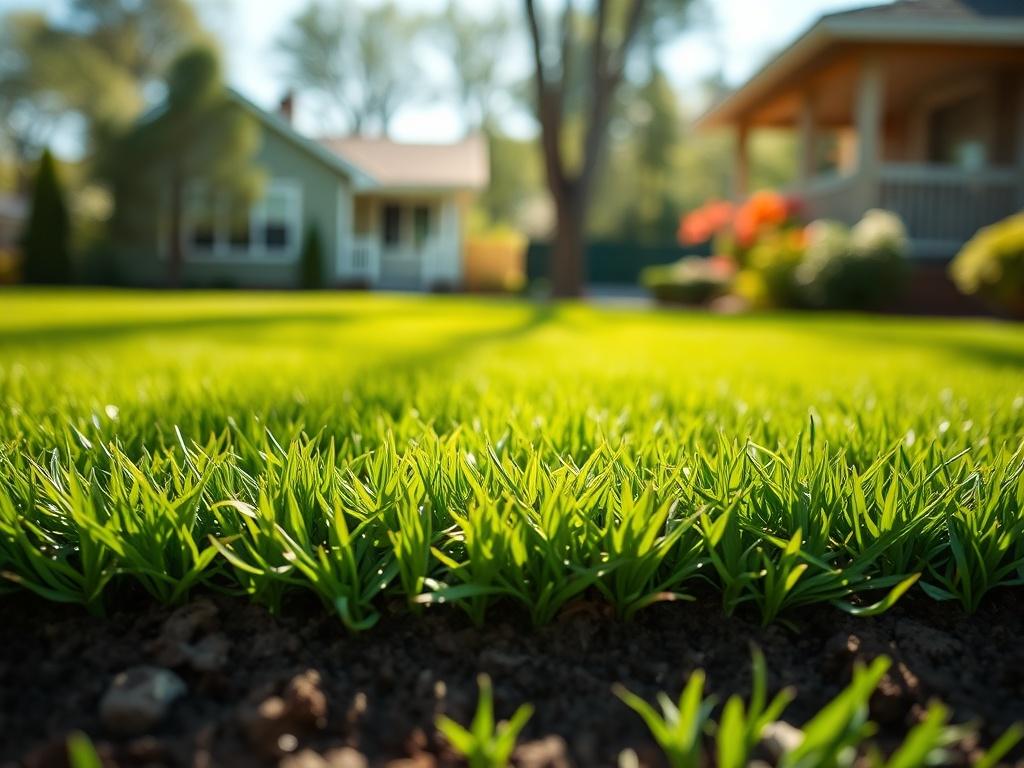 A close-up shot of freshly laid sod in a residential yard, showcasing the rich green grass and healthy soil underneath. The image captures the beauty of a newly installed lawn with sunlight filtering through, highlighting the texture and color of the grass. The background should be a blurred view of a house and trees, emphasizing the vibrant lawn, shot with a 45mm f/1.2 lens in hyper-realistic detail.