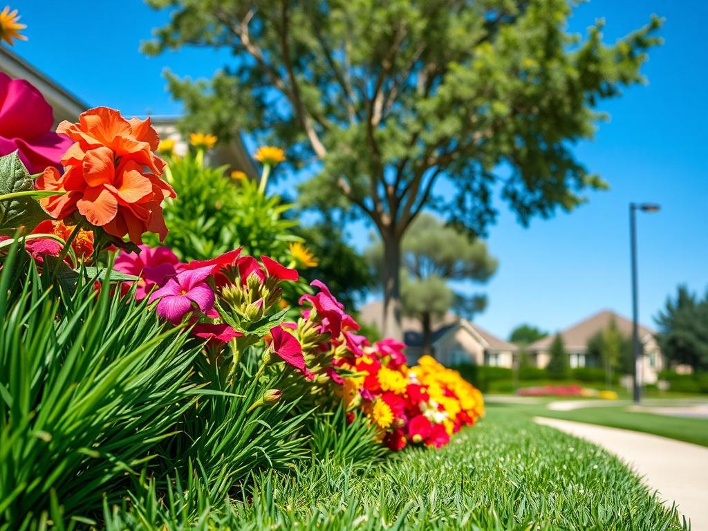 A close-up shot of a well-manicured community park with vibrant flowers and neatly trimmed grass, showcasing a healthy landscape. The focus is on the lush greenery and colorful blooms, with a clear blue sky in the background. The image should illustrate the beauty and maintenance of an HOA-managed area, shot with a 45mm f/1.2 lens in hyper-realistic detail.