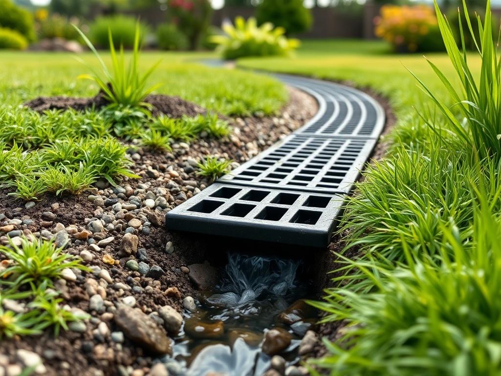 A close-up shot of a well-designed drainage system in a landscaped yard, featuring a French drain with gravel and green grass surrounding it. The image highlights the effectiveness of the drainage solution, with water flowing smoothly away from the property. The background should include a glimpse of healthy plants and trees, showcasing the overall beauty of the landscape, shot with a 45mm f/1.2 lens in hyper-realistic detail.