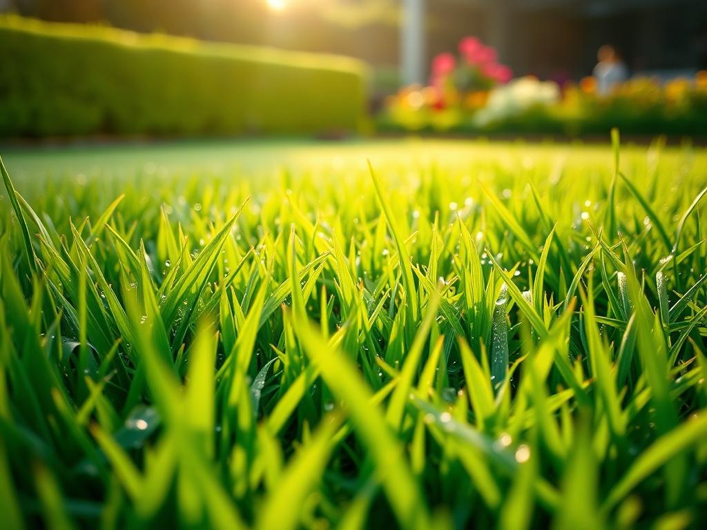 A close-up shot of a beautifully manicured lawn, showcasing vibrant green grass with dew drops glistening in the morning sun. The composition focuses on the lush texture of the grass, with a blurred background of a neatly trimmed hedge and colorful flowers. The lighting is soft and warm, enhancing the vivid greens in the scene. The image is captured with a 45mm f/1.2 lens to emphasize the detailed close-up of the lawn, evoking a sense of freshness and care.