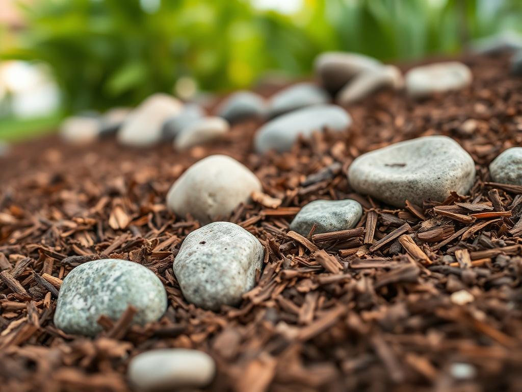 A close-up shot of freshly installed mulch and decorative rocks in a beautifully arranged garden bed. The image showcases the rich color and texture of the mulch alongside the smooth, varying sizes of the rocks. The background features blurred greenery, enhancing the focus on the mulch and rocks, captured with a 45mm f/1.2 lens for a hyper-realistic effect.