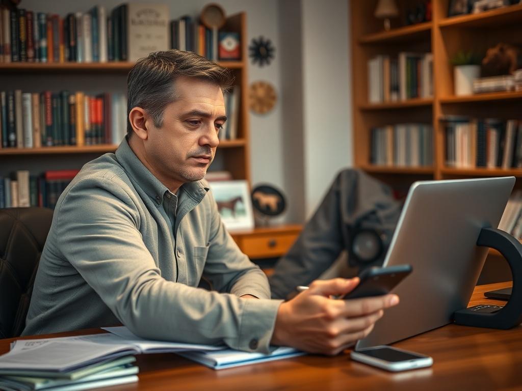 Create a highly realistic, high-resolution photograph focusing on a confident, professional-looking person, who embodies the essence of a successful horse racing tipster. The subject should be a middle-aged individual with an earnest expression, sitting at a sleek wooden desk cluttered with race form guides, a laptop displaying racing data, and a smartphone showing betting apps. 

The subject should be gazing thoughtfully at the laptop screen, symbolizing strategic thinking and analysis. Their attire should be smart-casual, combining style and professionalism with muted colors.

In the background, a well-organized bookshelf featuring horse racing books and memorabilia should suggest a deep knowledge of the sport. The room should have warm, inviting lighting that casts soft shadows, adding depth to the scene. 

Ensure the image composition is simple and clear with a shallow depth of field, focusing intently on the subject while subtly blurring the background, enhancing the subject’s importance in the frame. No text or abstract shapes should be present, as the focus should clearly highlight the theme of consistent profit through strategic betting insights as represented by 'Bookies Enemy No1.'