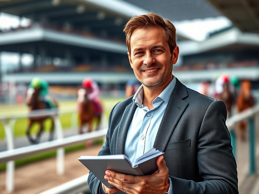 **AI Image Generation Prompt:**

Create a realistic high-resolution photo that captures the essence of a leading racehorse tipster. The image should feature a professional-looking male tipster in mid-30s, standing confidently at a racetrack. He should be dressed in smart casual attire, perhaps with a blazer and shirt, emanating an air of both professionalism and approachability. 

The background should include a blurred view of a vibrant racetrack with horses running in the distance, emphasizing his experti