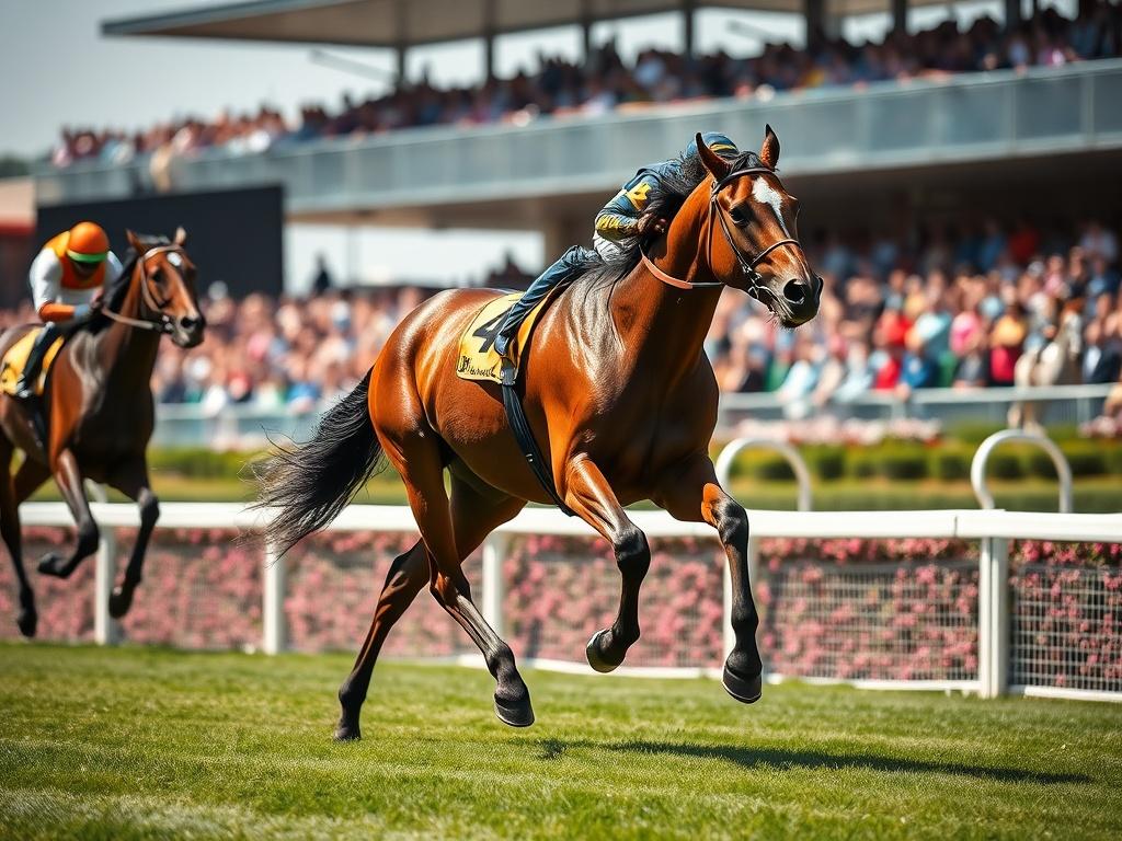 Create a highly realistic, high-resolution photo focusing on a single thoroughbred horse in mid-race. The horse should be captured in motion, displaying its muscular build and powerful legs as it gallops across a well-maintained grass racetrack. The background should feature a blurred view of the racecourse, with a colorful crowd of spectators cheering in the distance, emphasizing the excitement of flat racing. The lighting should be bright, simulating a sunny day, highlighting the sheen of the horse's coat