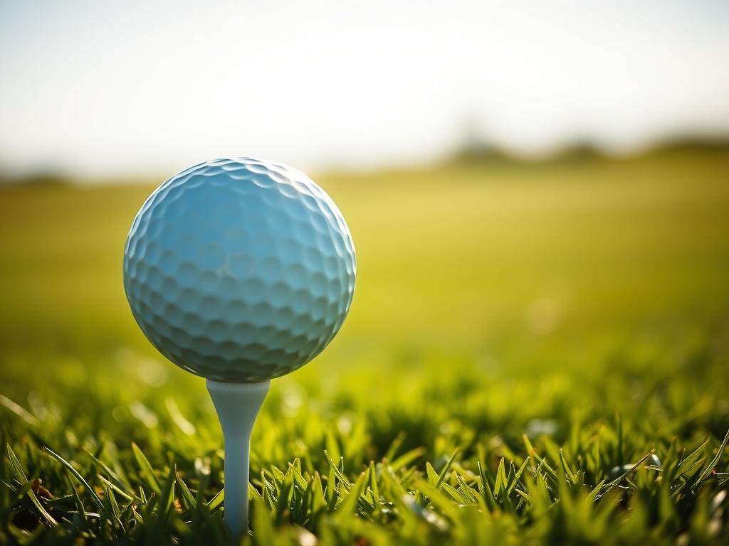 A close-up shot of a golf ball on a tee, set against a blurred green golf course background. The sunlight glints off the ball, highlighting its texture and dimples. The focus should be on the ball, with the vibrant green of the grass softly blurred behind it. The composition should be simple and clear, capturing the essence of golf and the excitement of a live game.