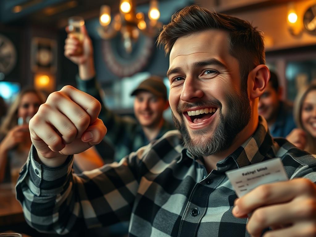 A close-up shot of a satisfied bettor celebrating a winning bet, holding a betting slip with a fist pump. The background shows a lively bar or pub atmosphere with friends cheering and raising drinks in celebration. The focus is on the joyful expression of the bettor, capturing the thrill of success in betting. The image should evoke a sense of victory and camaraderie among fellow bettors, shot with a 45mm f/1.2 lens style.