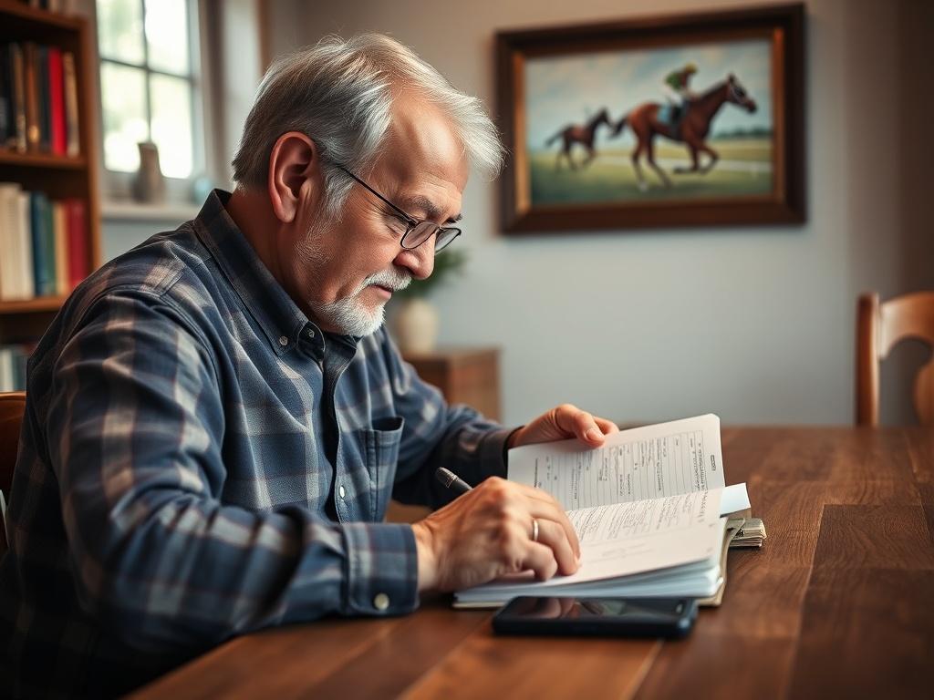 **AI Image Generation Prompt:**

Create a realistic high-resolution photo that embodies the theme of "How to Manage Your Bankroll When Following Paid Tipsters." The image should feature a single subject: a seasoned horse racing punter, a middle-aged man with a focused expression, sitting at a wooden table. He is reviewing his betting notebook filled with notes, with a smartphone displaying horse racing odds next to him. 

The background should be softly blurred to keep the focus on the punter, yet hint at a