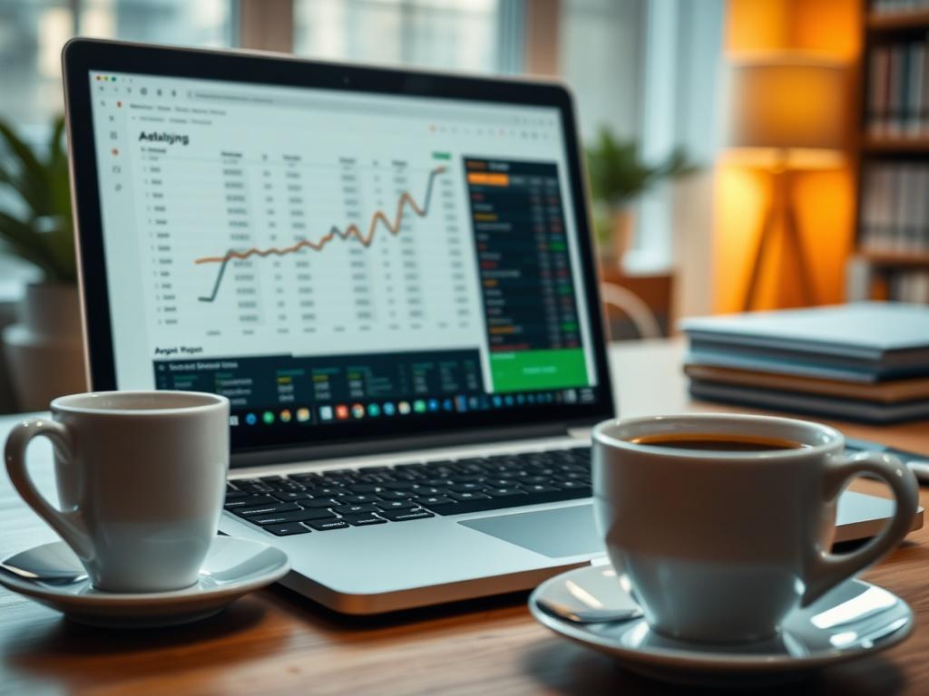 A close-up shot of a laptop displaying a detailed betting analysis report on the screen, with a cup of coffee beside it. The background should feature a cozy office setting, emphasizing a professional and analytical environment.