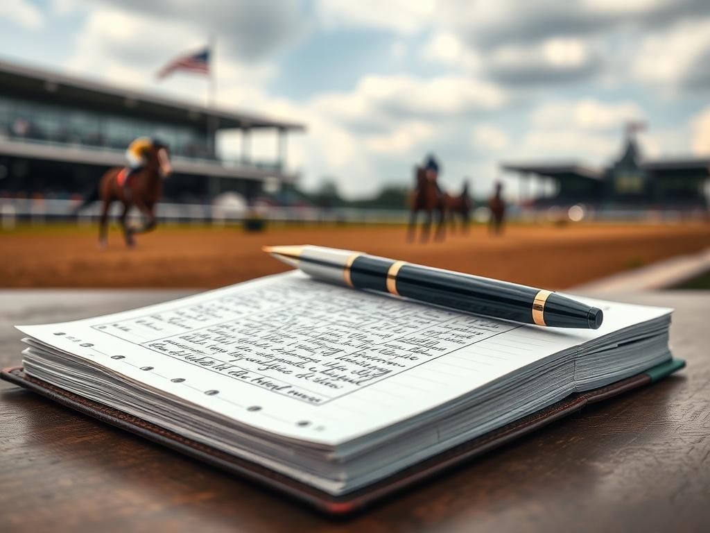 A close-up shot of a notebook with horse racing notes and a pen resting on it, with a blurred background of a racetrack. The focus should be on the notebook, showcasing detailed notes about horse racing, emphasizing professionalism and expertise.