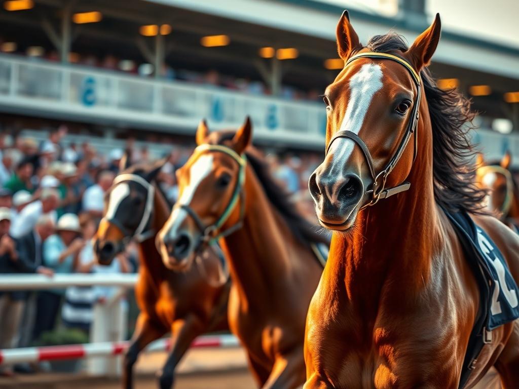A close-up shot of a horse racing scene, capturing the excitement of a race with vibrant colors and dynamic movement. The background features a blurred racetrack and cheering crowd, conveying the thrill of betting. The focus is sharp on a prominent horse, showcasing its power and speed. The image should evoke a sense of anticipation and engagement in the world of horse racing, shot with a 45mm f/1.2 lens.