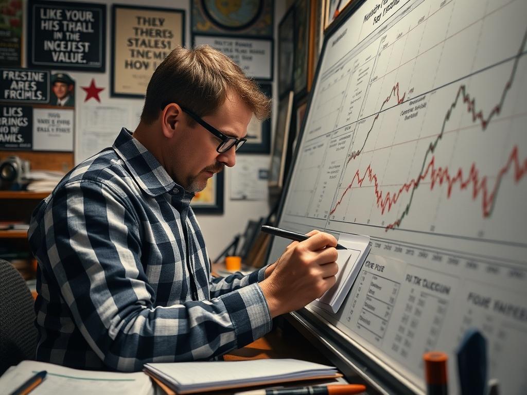 A close-up shot of a tipster writing notes and analyzing horse racing odds on a whiteboard, surrounded by charts and graphs. The background should depict a workspace filled with racing memorabilia and inspirational quotes. The image should evoke a sense of analysis and discovery, highlighting the search for value in betting. Shot with a 45mm f/1.2 lens.