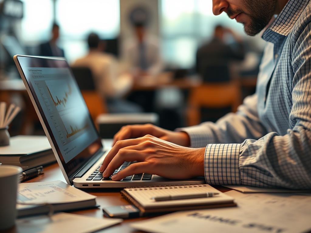 A close-up shot of a professional bettor analyzing horse racing data on a laptop, surrounded by betting slips and a notepad. The setting should reflect a focus on strategy and analysis, with a blurred background of a busy betting office or home study. The image should convey a serious, engaged atmosphere, emphasizing the importance of informed decision-making in betting. Shot with a 45mm f/1.2 lens.