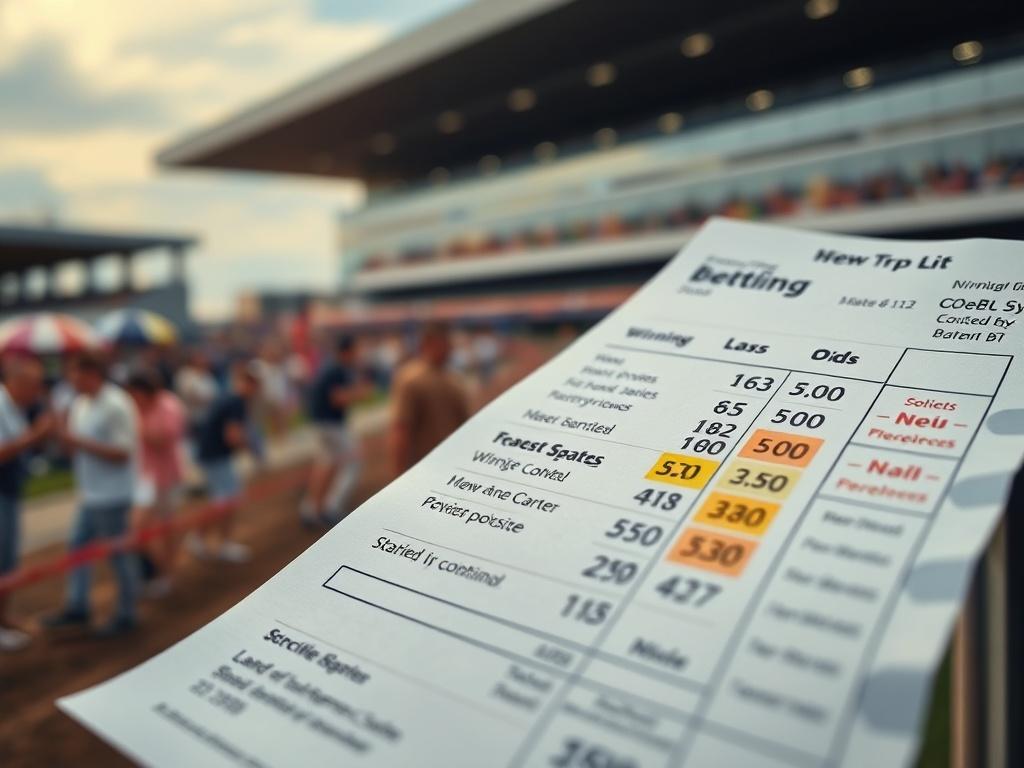 A close-up of a betting slip with winning odds highlighted, set against a backdrop of a racetrack and cheering spectators. The image should evoke feelings of success and excitement, showcasing the thrill of winning in horse racing. The colors should harmonize with the primary color rgb(193, 153, 87) for a cohesive look.