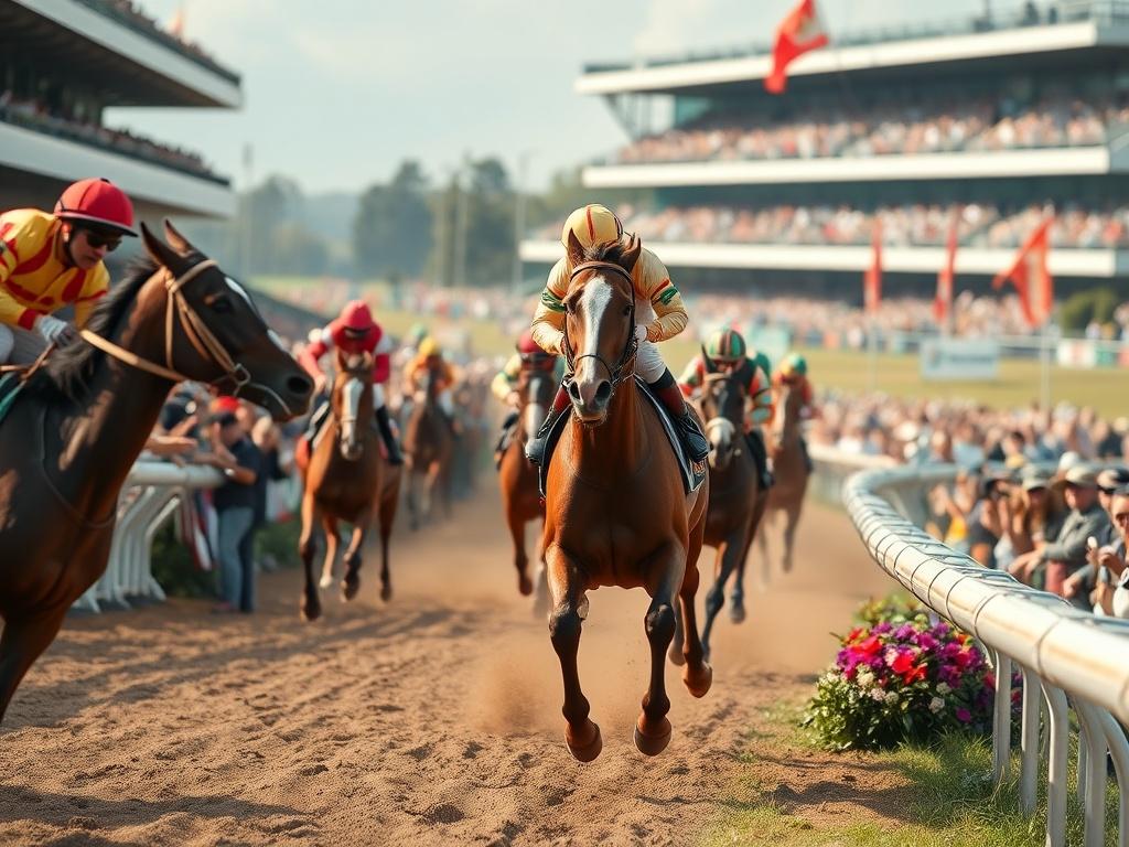 A close-up shot of a horse racing event, focusing on a winning horse crossing the finish line with a cheering crowd in the background. The image should capture the excitement and energy of the race, with a vibrant atmosphere. The colors should reflect the primary color rgb(193, 153, 87) in the attire of the jockeys and the banners around the track.