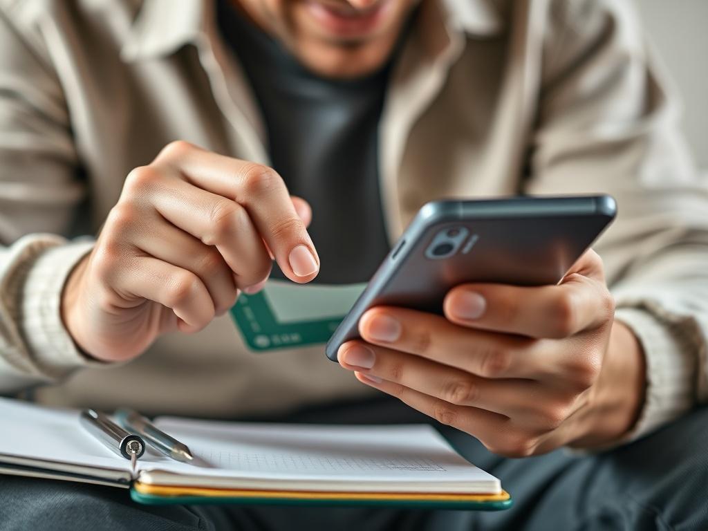 A close-up of a satisfied bettor reviewing their winning bets on a mobile device, with a notebook and pen beside them. The image should convey a sense of satisfaction and clarity, reflecting the importance of transparency in the betting process. Ensure the colors are compatible with the primary color rgb(193, 153, 87).