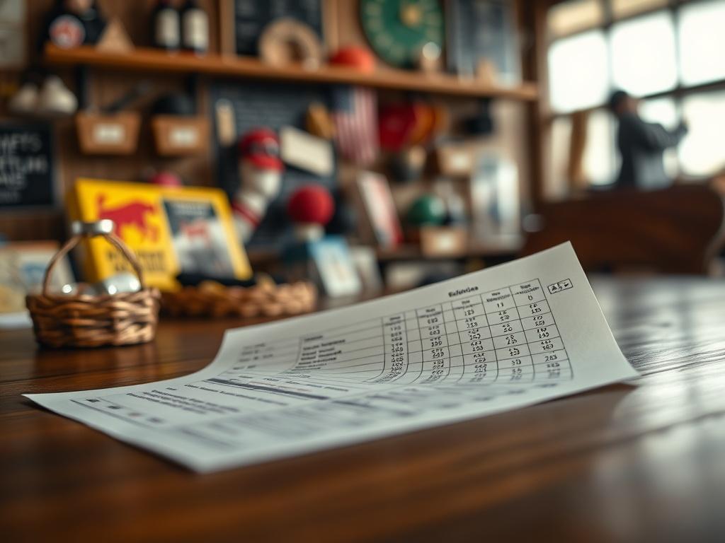 A close-up shot of a professional-looking betting slip on a wooden table, with a soft focus background featuring horse racing memorabilia. The betting slip should display detailed selections, and the image should be captured using a 45mm f/1.2 lens to emphasize clarity and depth of field, evoking a sense of professionalism and excitement.