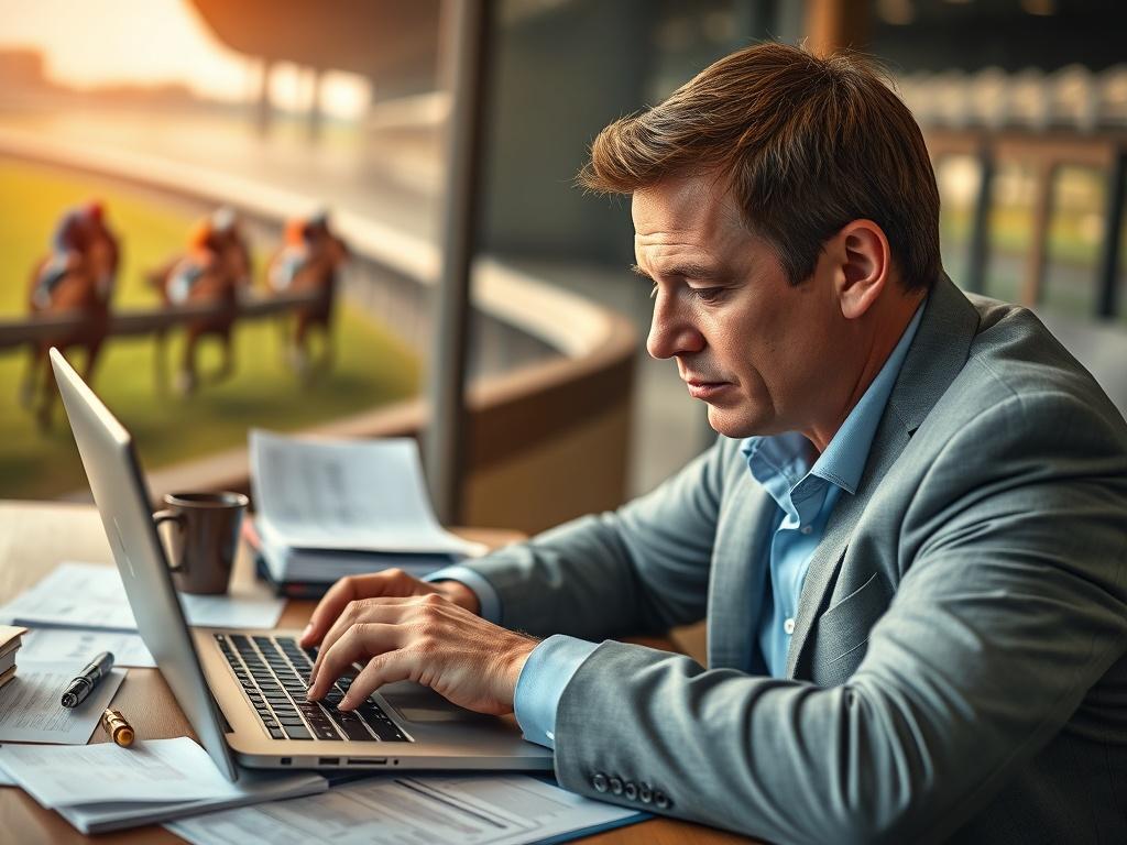 Create a realistic high-resolution photo featuring a close-up shot of an expert horse racing analyst deeply focused while analyzing racing data on a laptop. The subject should be a middle-aged man with short brown hair, dressed in a smart casual attire, such as a light blue shirt and blazer, exuding professionalism and expertise. He should be seated at a wooden table cluttered with detailed race analysis papers and a notepad filled with handwritten notes.

In the background, subtly incorporate a blurred ima