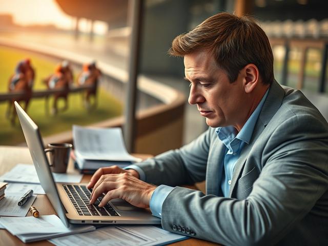 Create a realistic high-resolution photo featuring a close-up shot of an expert horse racing analyst deeply focused while analyzing racing data on a laptop. The subject should be a middle-aged man with short brown hair, dressed in a smart casual attire, such as a light blue shirt and blazer, exuding professionalism and expertise. He should be seated at a wooden table cluttered with detailed race analysis papers and a notepad filled with handwritten notes.

In the background, subtly incorporate a blurred image of a racetrack, hinting at the excitement of a race day, with horses racing in motion just out of focus. Ensure the lighting in the scene is warm and inviting, creating a sense of engagement as if the viewer is peering into a moment of intense preparation before a big race. The overall composition should remain simple and clear, with an emphasis on the subject's concentrated expression as he unlocks the secrets of successful flat racing. The color palette should align with the rgb(193, 153, 87) primary color, evoking a harmonious and professional atmosphere.
