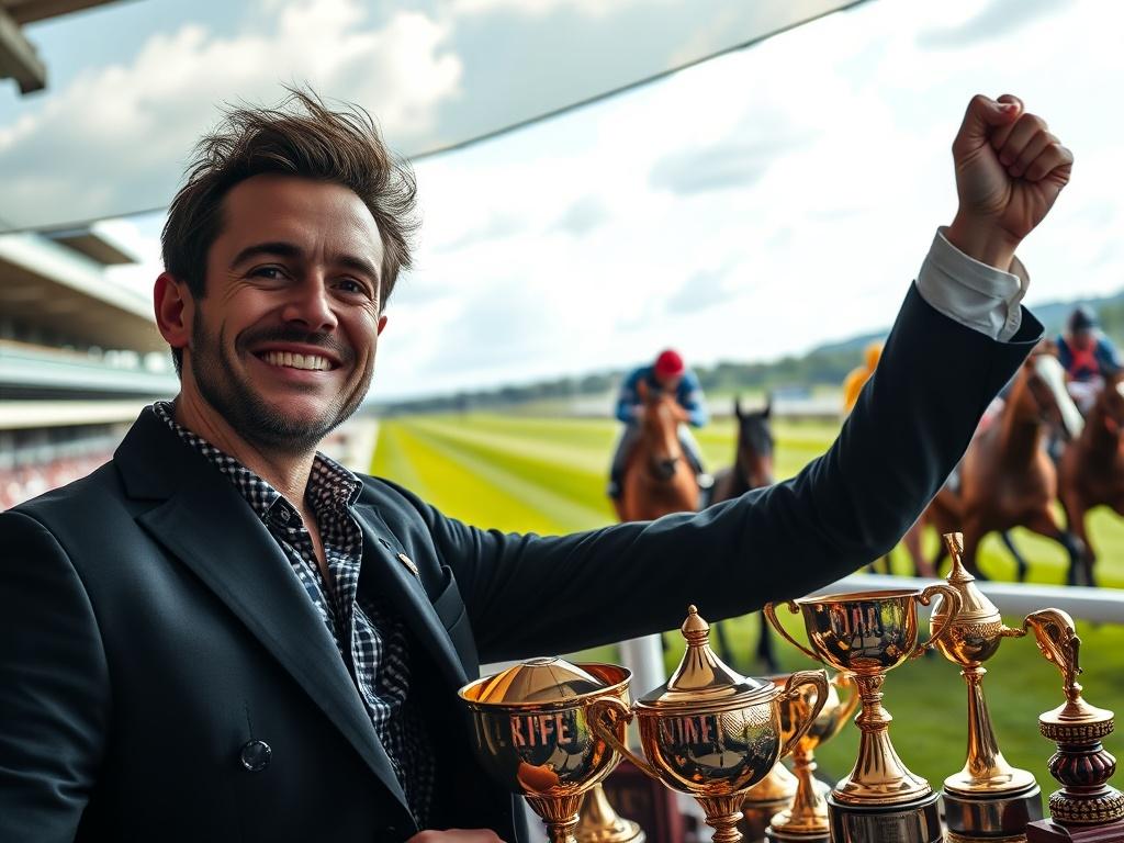 A close-up shot of a confident individual celebrating a winning bet, surrounded by trophies and racing memorabilia. The background features a stunning racetrack view with horses in action, symbolizing victory in horse racing betting. The atmosphere is vibrant and energetic, reflecting the excitement of betting success. Ensure the image is high-resolution and captures the essence of winning in horse racing. The primary color scheme should follow rgb(243, 153, 62).