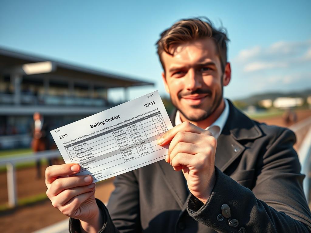 A close-up shot of a confident person holding a betting slip, with a blurred racetrack in the background. The person has an engaged expression, showing excitement about the upcoming race. The background features vibrant colors, depicting an outdoor racing event under a clear blue sky. The image should be high-resolution and realistic, focusing on capturing the essence of horse racing betting. The primary color scheme should reflect rgb(243, 153, 62).