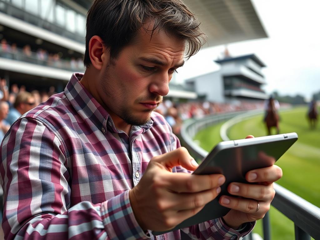 A close-up shot of a serious-looking individual reviewing horse racing statistics on a tablet, surrounded by betting materials. The background shows a vibrant racetrack with cheering spectators. The focus is on the individual’s intense concentration, reflecting the dedication required for successful betting. Ensure the image is high-resolution and captures the excitement of betting on horse racing. The primary color scheme should align with rgb(243, 153, 62).