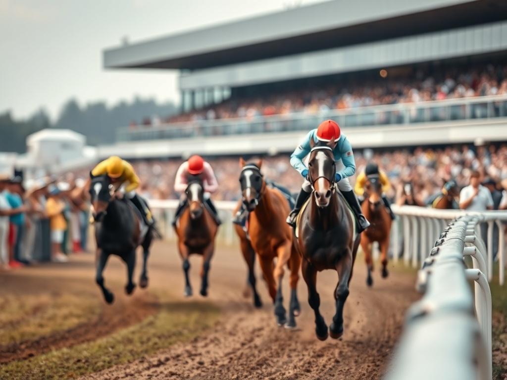 A close-up shot of a horse racing track, capturing the excitement of a race in action. The background features blurred spectators cheering, with a focus on a jockey and horse nearing the finish line. The image should be hyper-realistic, showcasing the vibrancy and energy of a race day, shot with a 45mm f/1.2 lens.