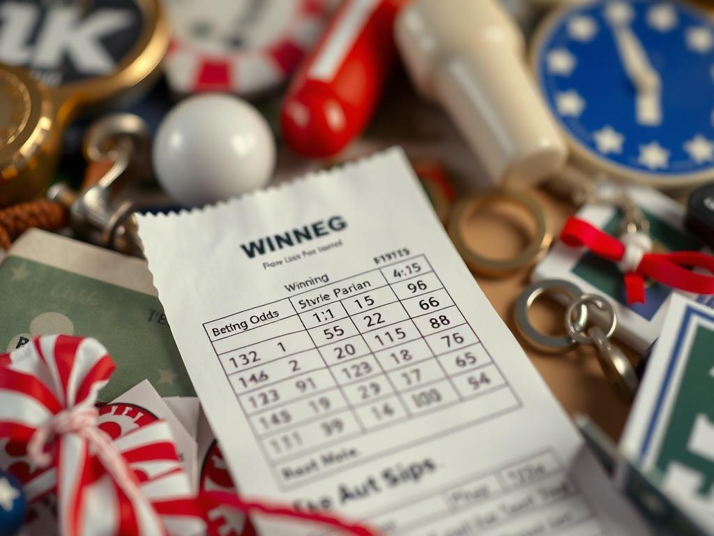 A close-up shot of a betting slip with winning odds displayed prominently, surrounded by a backdrop of horse racing memorabilia. The image should convey the excitement and anticipation of betting wins, captured in hyper-realistic detail using a 45mm f/1.2 lens.