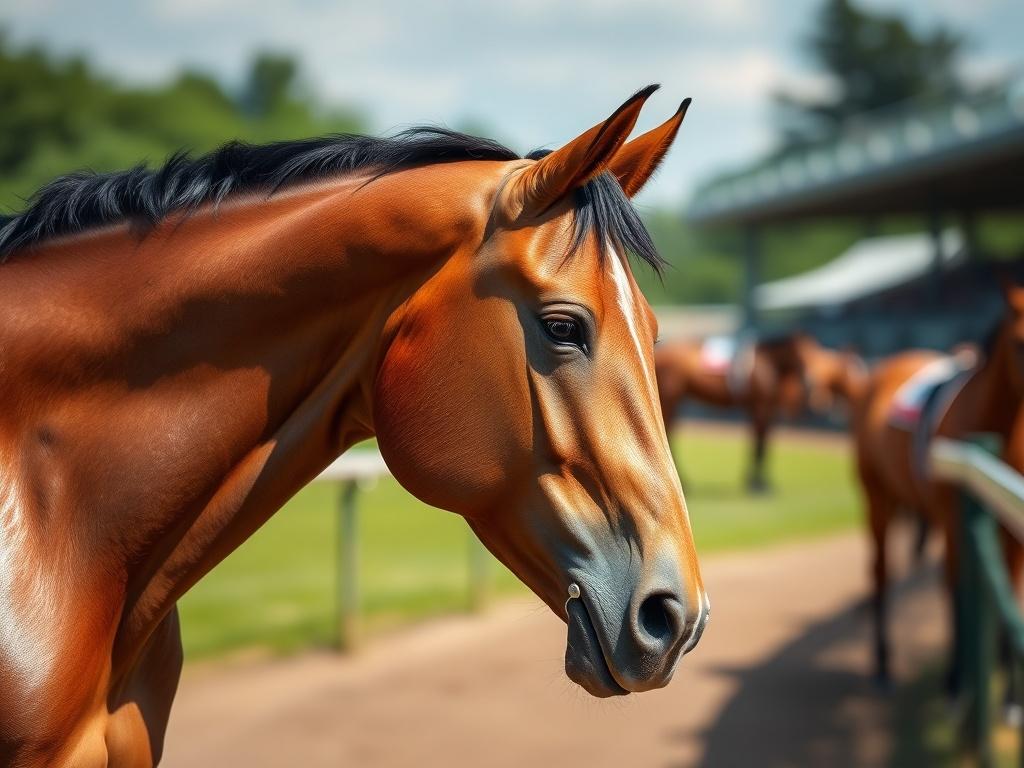 A hyper-realistic close-up of a thoroughbred horse in the paddock, showcasing its majestic stature and gleaming coat. The background should be softly blurred to emphasize the horse, with hints of a racetrack and vibrant greenery. The image should be shot with a 45mm f/1.2 lens to capture the details beautifully.