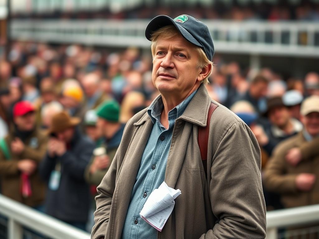 Create a realistic, high-resolution image that captures the essence of the Cheltenham Festival's chaotic atmosphere, perfect for a blog titled "Why Following the Crowd at Cheltenham Will Empty Your Wallet (and Why I Won’t)." 

**Composition Details:**
- The image should feature a single, focused subject: a tired-looking punter standing at the edge of a bustling racetrack, visibly frustrated and shaking their head in disbelief.
- Their attire should reflect the typical racing fan—stylish yet slightly disheve